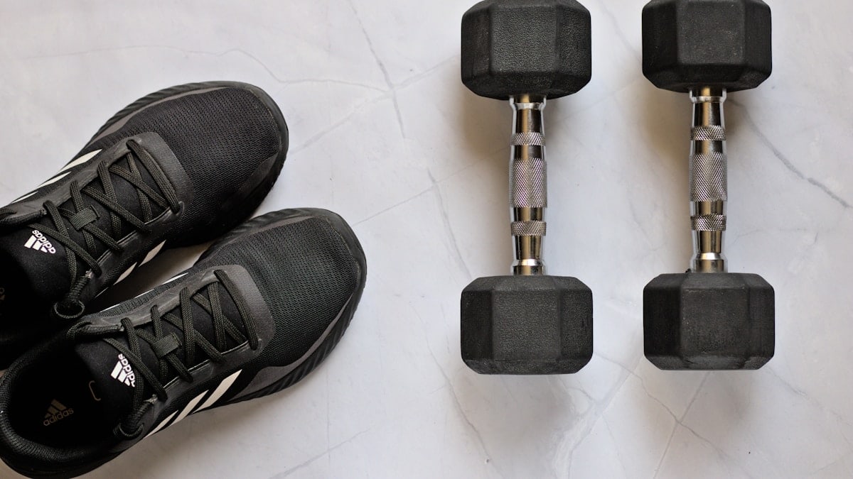 Black Theme Based - Exercise Equipment (Dumbbells & Sports Shoes)